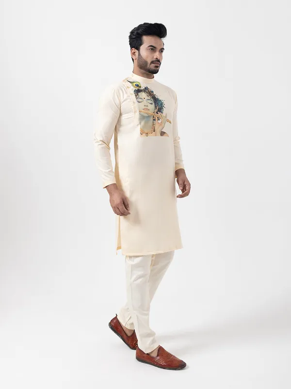 Beige_Side_Placket_Printed_Kurta_With_Pyjama_Set_For_Men