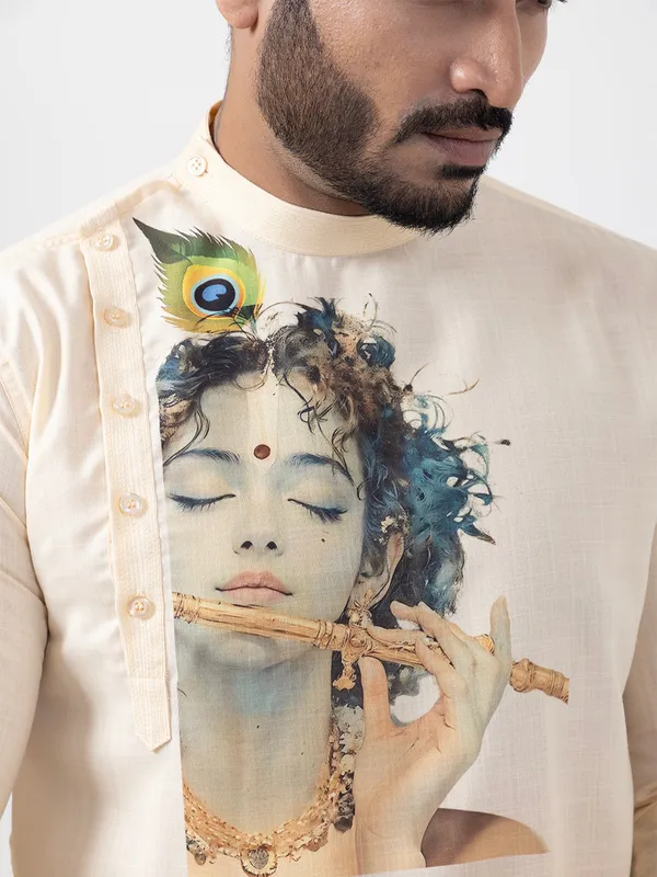 Beige_Side_Placket_Printed_Kurta_With_Pyjama_Set_For_Men