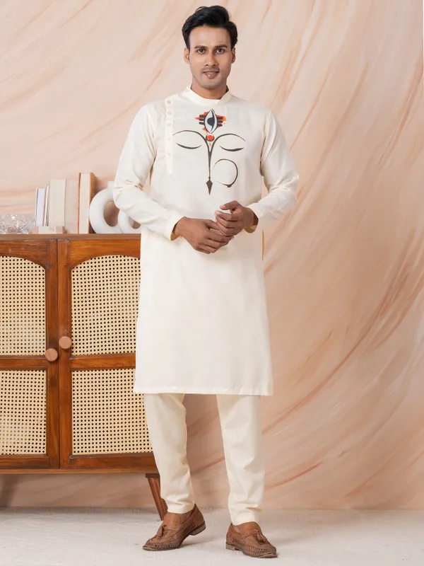 Beige_Side_Placket_Printed_Kurta_With_Pyjama_Set_For_Men