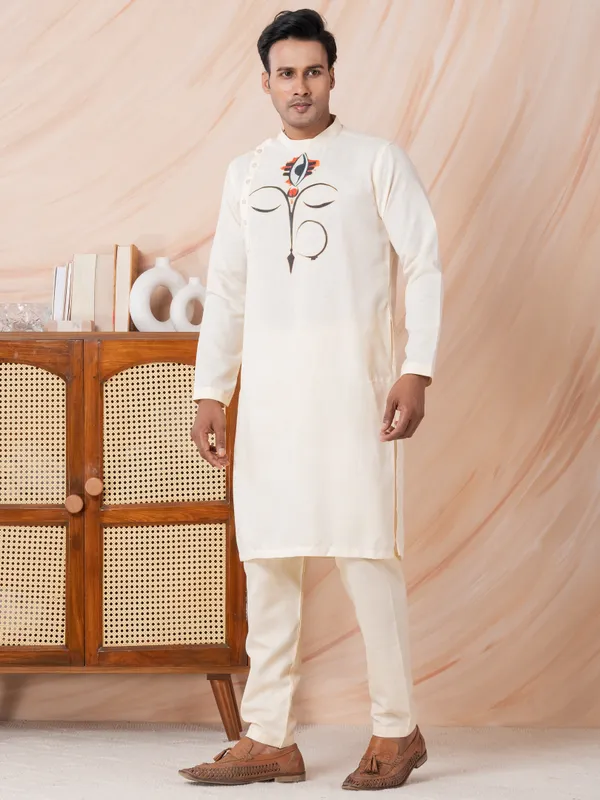 Beige_Side_Placket_Printed_Kurta_With_Pyjama_Set_For_Men