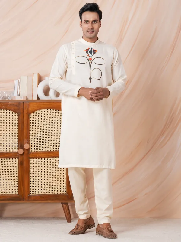 Beige_Side_Placket_Printed_Kurta_With_Pyjama_Set_For_Men