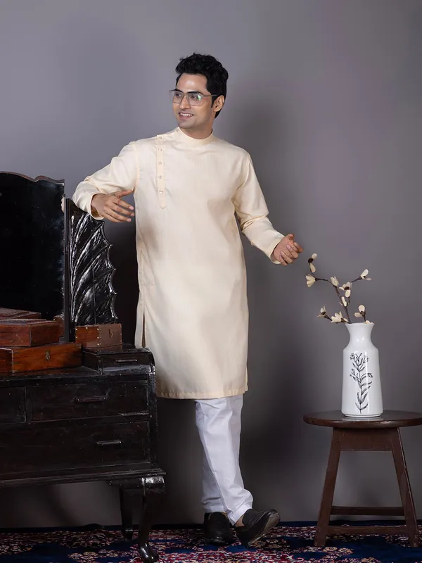 Beige_Long_Sleeve_Mandarin_Collar_Straight_Kurta_With_Pyjama_Set_For_Men