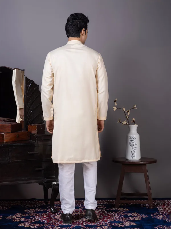 Beige_Long_Sleeve_Mandarin_Collar_Straight_Kurta_With_Pyjama_Set_For_Men