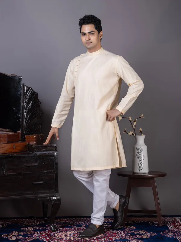 Beige_Long_Sleeve_Mandarin_Collar_Straight_Kurta_With_Pyjama_Set_For_Men