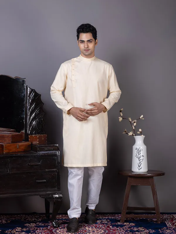 Beige_Long_Sleeve_Mandarin_Collar_Straight_Kurta_With_Pyjama_Set_For_Men