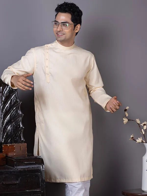Beige_Long_Sleeve_Mandarin_Collar_Straight_Kurta_With_Pyjama_Set_For_Men