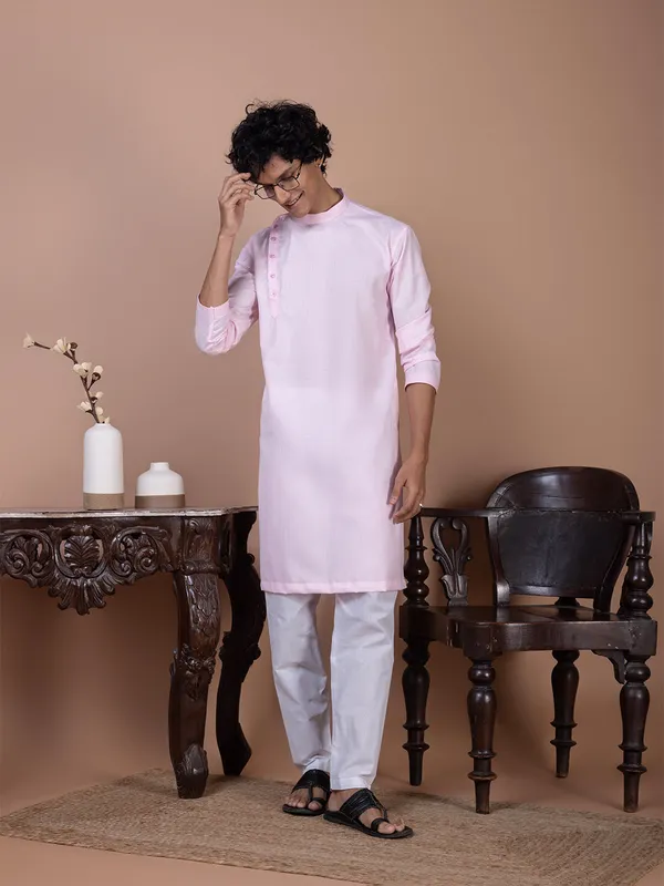 Pink_Mandarin_Collar_Straight_Dupion-Silk_Kurta_With_Pyjama_Set_For_Men
