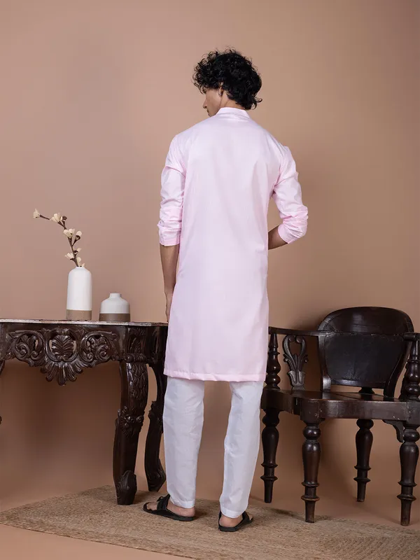 Pink_Mandarin_Collar_Straight_Dupion-Silk_Kurta_With_Pyjama_Set_For_Men