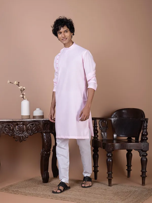 Pink_Mandarin_Collar_Straight_Dupion-Silk_Kurta_With_Pyjama_Set_For_Men