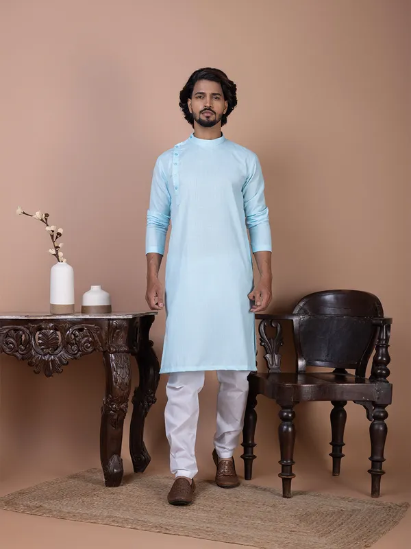 Blue_Band_Collar_Straight_Kurta_With_Pyjama_Set_For_Men