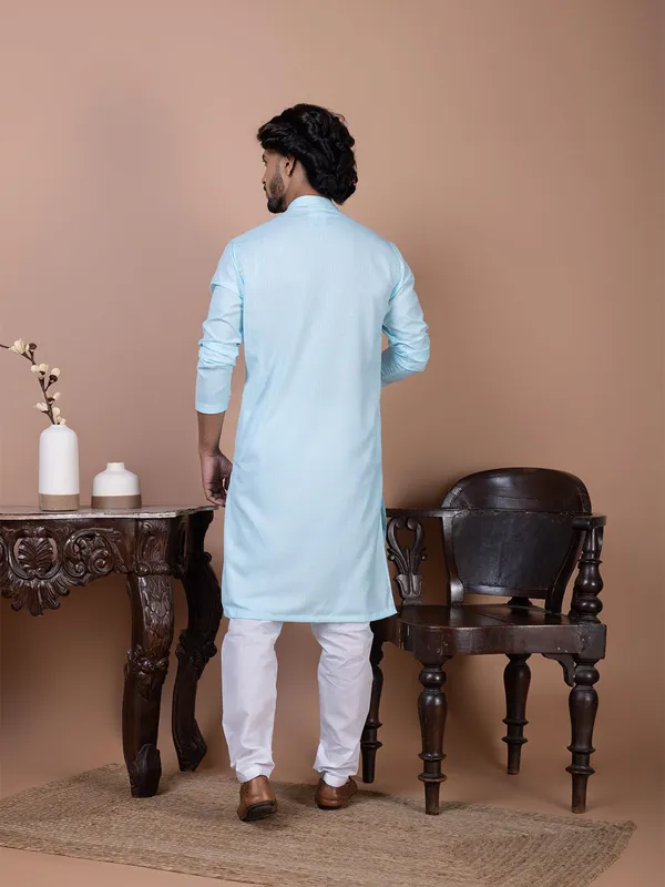 Blue_Band_Collar_Straight_Kurta_With_Pyjama_Set_For_Men