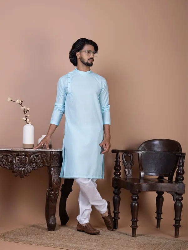 Blue_Band_Collar_Straight_Kurta_With_Pyjama_Set_For_Men