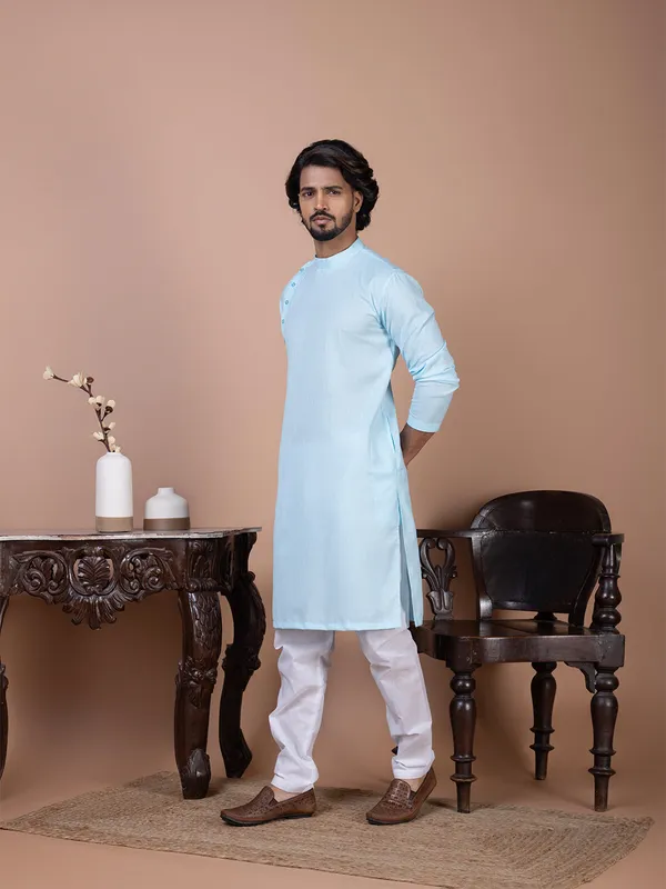 Blue_Band_Collar_Straight_Kurta_With_Pyjama_Set_For_Men