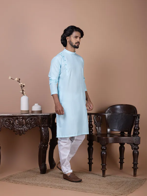 Blue_Band_Collar_Straight_Kurta_With_Pyjama_Set_For_Men
