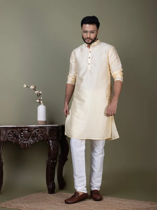 Beige_Mandarin_Collar_Jacquard_Kurta_With_Pyjama_For_Men