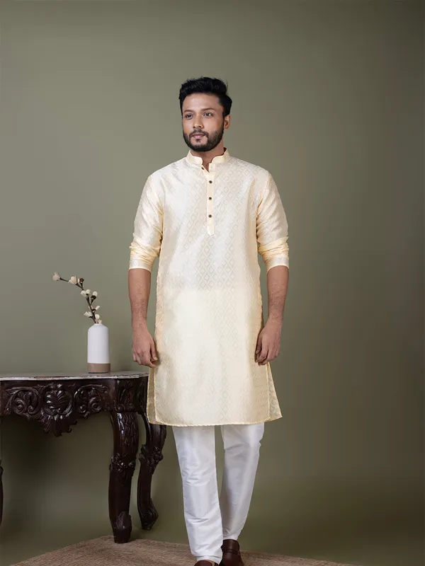 Beige_Mandarin_Collar_Jacquard_Kurta_With_Pyjama_For_Men