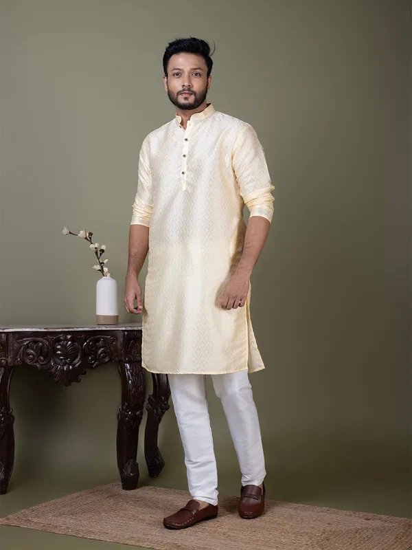 Beige_Mandarin_Collar_Jacquard_Kurta_With_Pyjama_For_Men