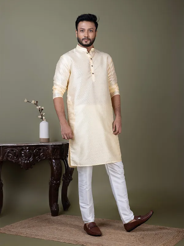 Beige_Mandarin_Collar_Jacquard_Kurta_With_Pyjama_For_Men