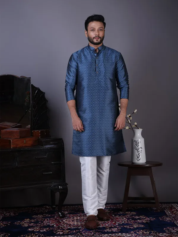 Blue_Woven_Design_Festive_Straight_Kurta_With_Pyjama_For_Men
