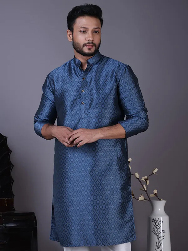 Blue_Woven_Design_Festive_Straight_Kurta_With_Pyjama_For_Men