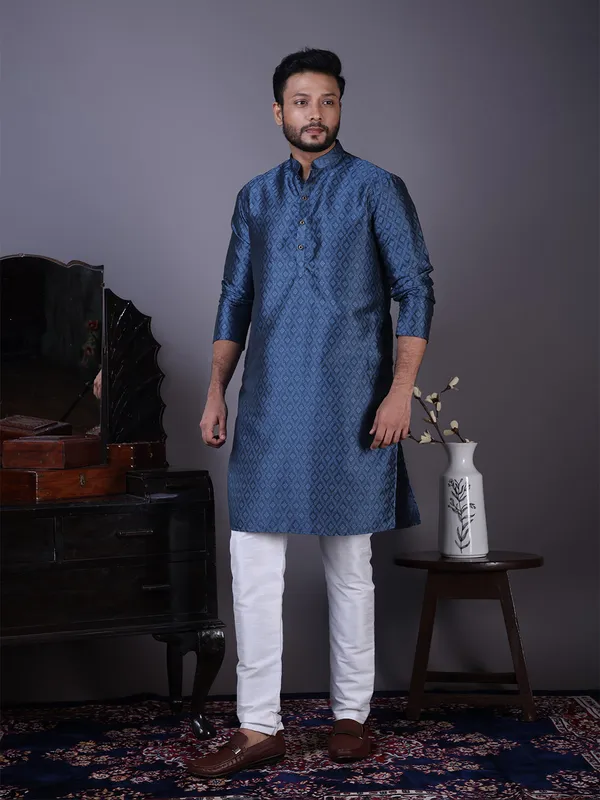 Blue_Woven_Design_Festive_Straight_Kurta_With_Pyjama_For_Men