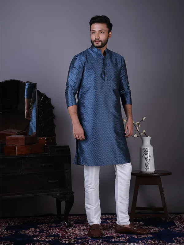Blue_Woven_Design_Festive_Straight_Kurta_With_Pyjama_For_Men