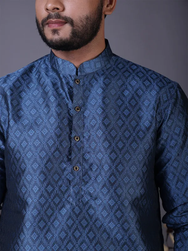 Blue_Woven_Design_Festive_Straight_Kurta_With_Pyjama_For_Men