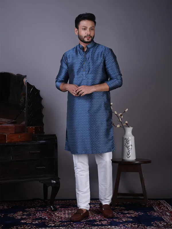 Blue_Woven_Design_Festive_Straight_Kurta_With_Pyjama_For_Men