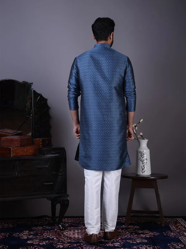 Blue_Woven_Design_Festive_Straight_Kurta_With_Pyjama_For_Men