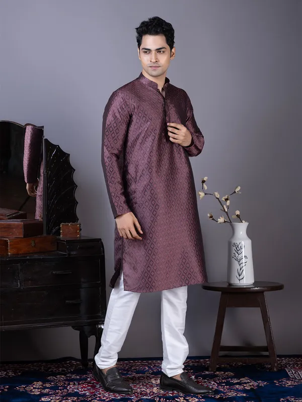 Purple_Geometric_Woven_Design_Mandarin_Collar_Straight_Kurta_With_Pyjama_For_Men