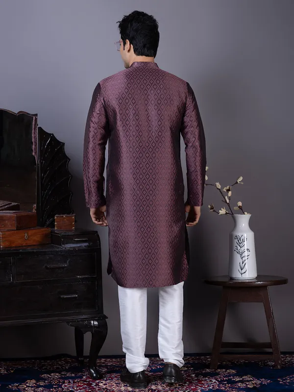 Purple_Geometric_Woven_Design_Mandarin_Collar_Straight_Kurta_With_Pyjama_For_Men