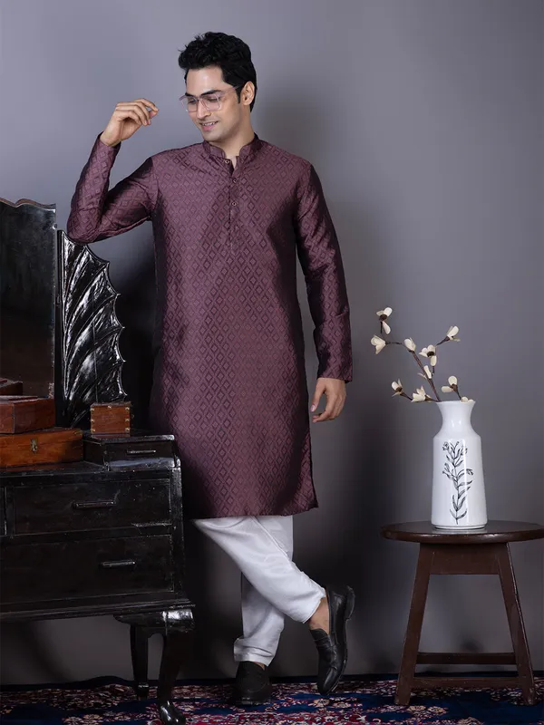 Purple_Geometric_Woven_Design_Mandarin_Collar_Straight_Kurta_With_Pyjama_For_Men