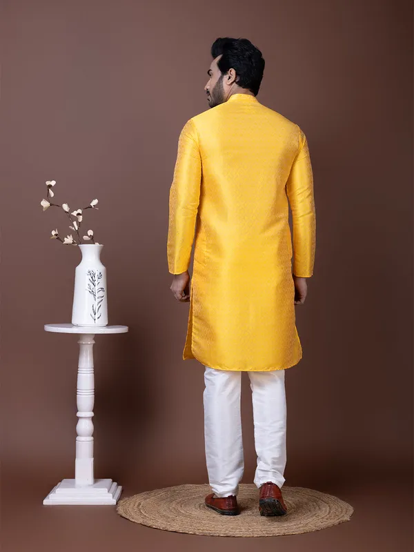 Yellow_Woven_Design_Festive_Straight_Kurta_With_Pyjama_For_Men