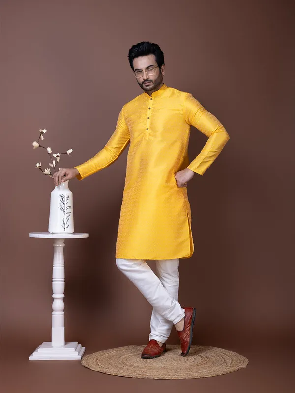 Yellow_Woven_Design_Festive_Straight_Kurta_With_Pyjama_For_Men