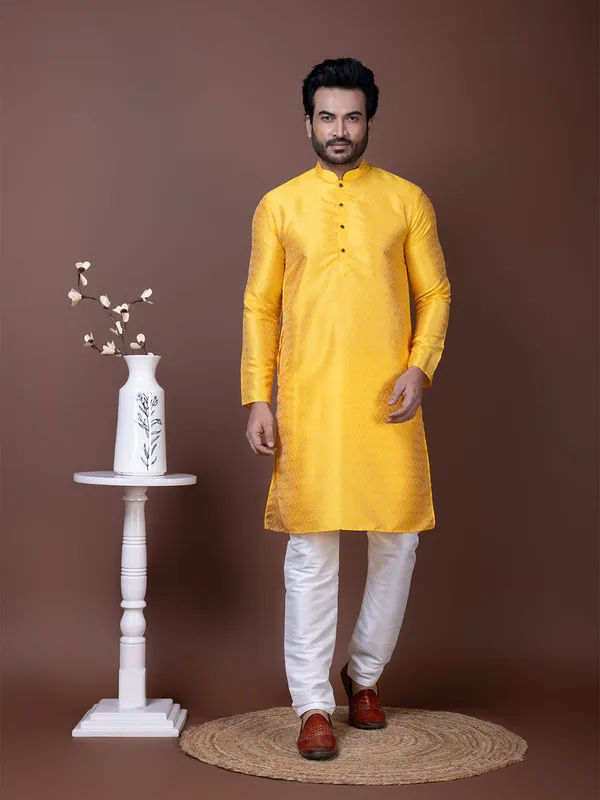 Yellow_Woven_Design_Festive_Straight_Kurta_With_Pyjama_For_Men