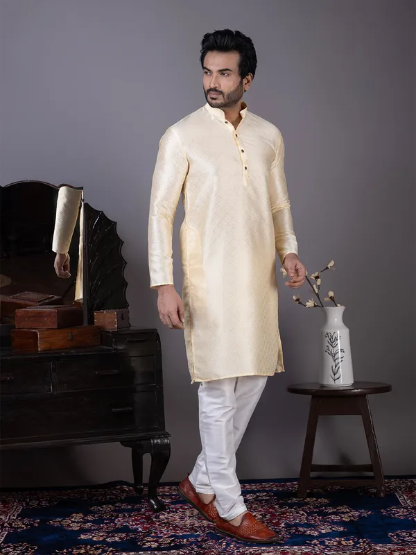 Beige_Geometric_Printed_Jacquard_Mandarin_Collar_Straight_Kurta_With_Pyjama_For_Men