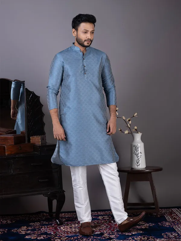 Blue_Geometric_Woven_Design_Mandarin_Collar_Straight_Kurta_With_Pyjama_For_Men