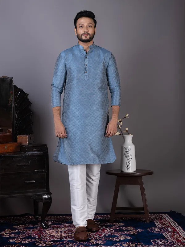 Blue_Geometric_Woven_Design_Mandarin_Collar_Straight_Kurta_With_Pyjama_For_Men