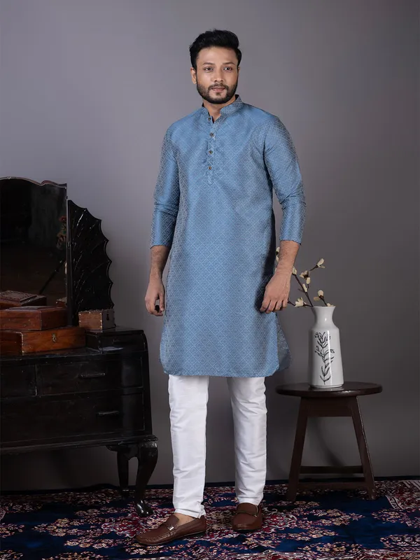 Blue_Geometric_Woven_Design_Mandarin_Collar_Straight_Kurta_With_Pyjama_For_Men