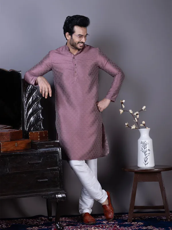 Purple_Ethnic_Motifs_Printed_Mandarin_Collar_Straight_Kurta_With_Pyjama_For_Men