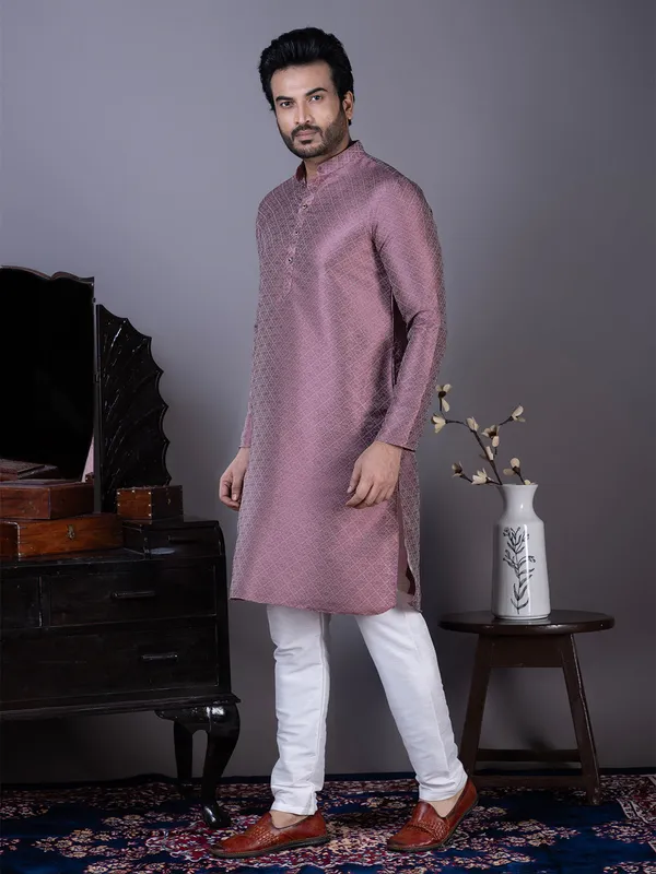 Purple_Ethnic_Motifs_Printed_Mandarin_Collar_Straight_Kurta_With_Pyjama_For_Men