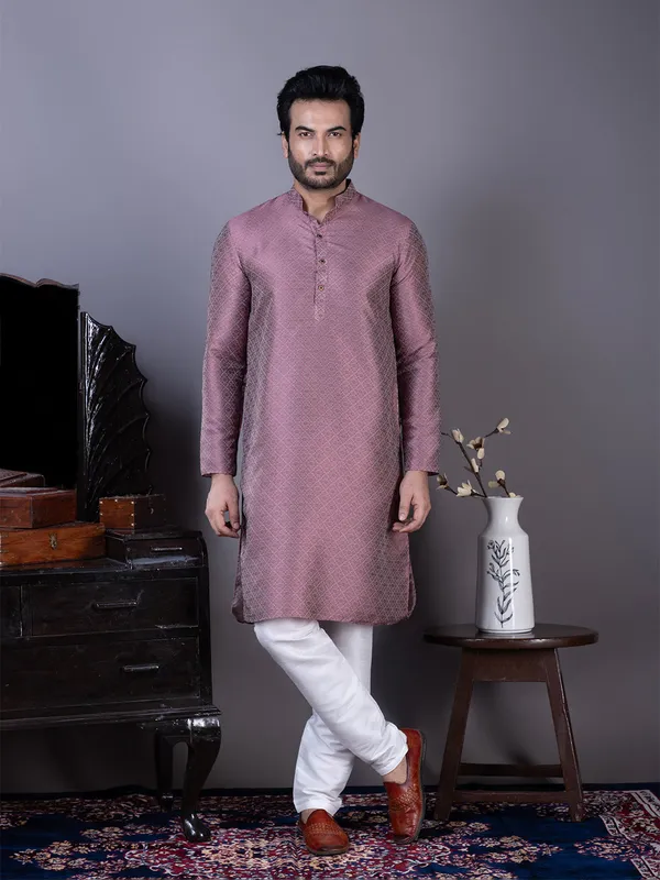 Purple_Ethnic_Motifs_Printed_Mandarin_Collar_Straight_Kurta_With_Pyjama_For_Men