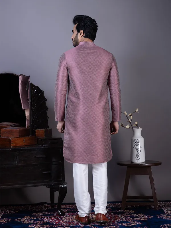 Purple_Ethnic_Motifs_Printed_Mandarin_Collar_Straight_Kurta_With_Pyjama_For_Men