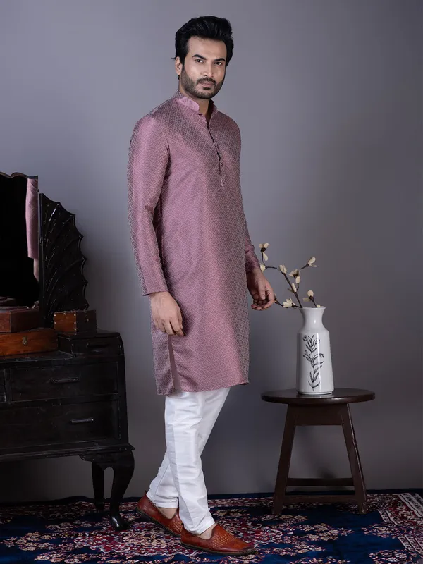 Purple_Ethnic_Motifs_Printed_Mandarin_Collar_Straight_Kurta_With_Pyjama_For_Men