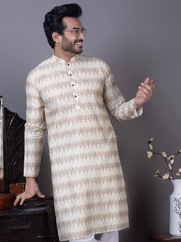 Beige_Geometric_Woven_Design_Mandarin_Collar_Kurta_With_Pyjama_For_Men