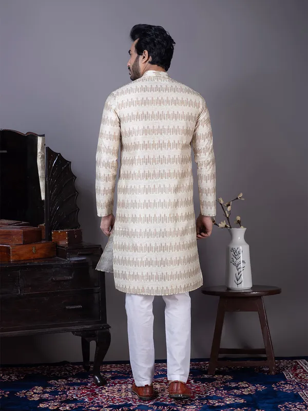 Beige_Geometric_Woven_Design_Mandarin_Collar_Kurta_With_Pyjama_For_Men