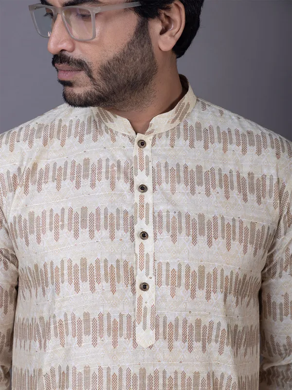 Beige_Geometric_Woven_Design_Mandarin_Collar_Kurta_With_Pyjama_For_Men