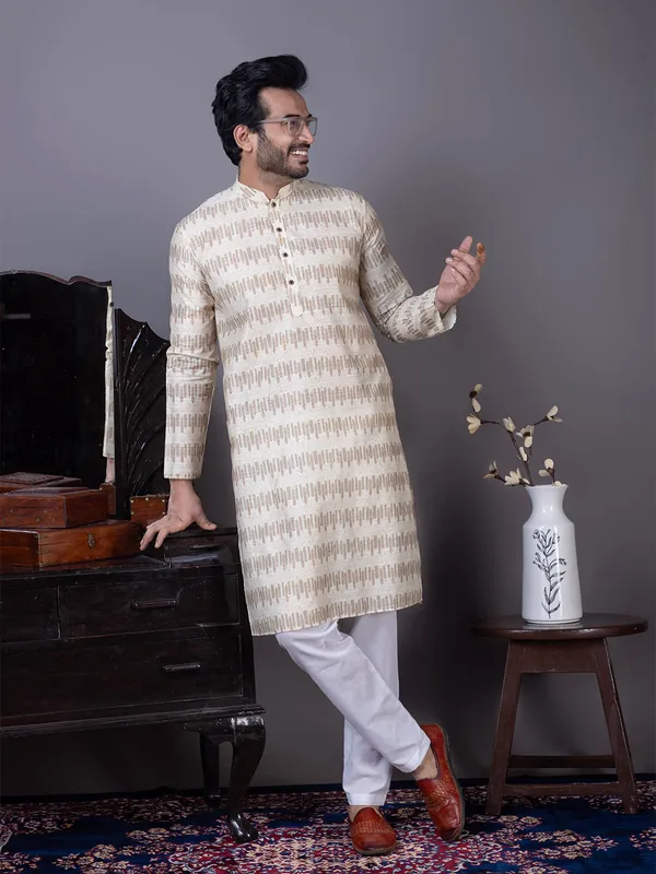 Beige_Geometric_Woven_Design_Mandarin_Collar_Kurta_With_Pyjama_For_Men