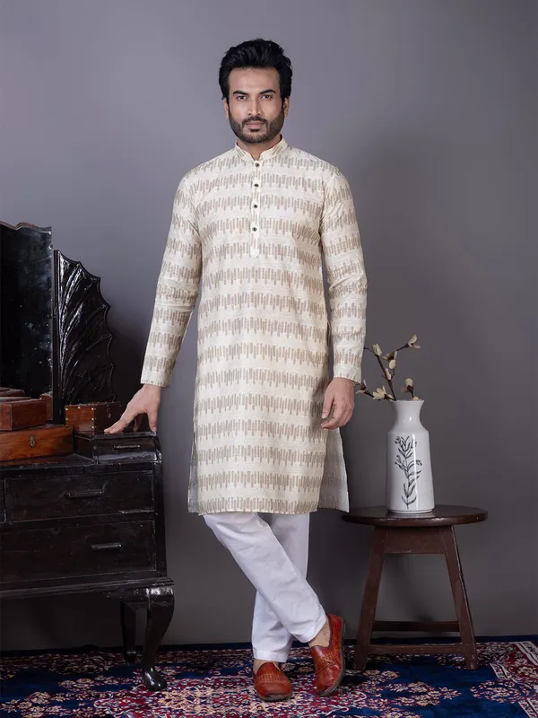 Beige_Geometric_Woven_Design_Mandarin_Collar_Kurta_With_Pyjama_For_Men