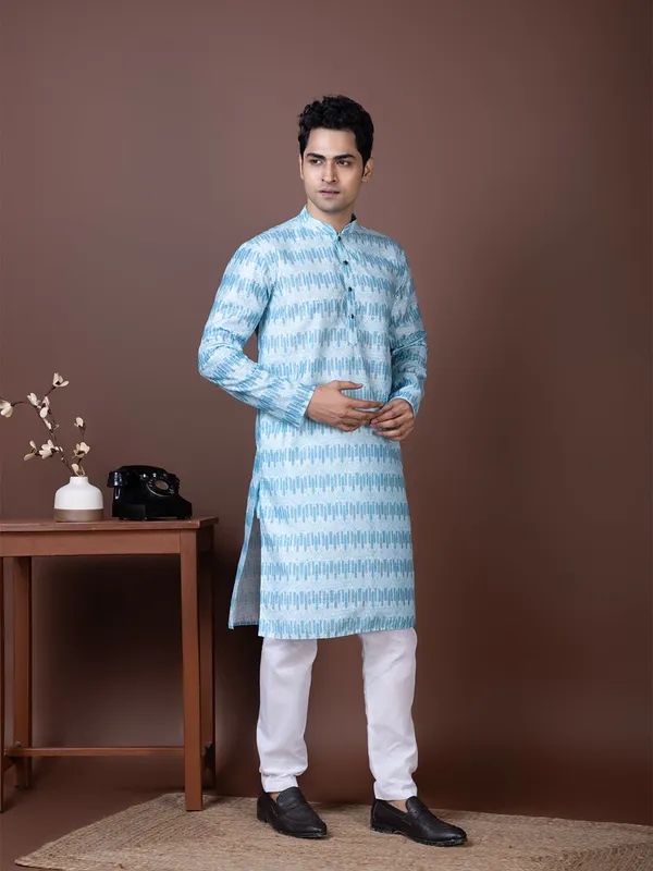 Blue_Geometric_Woven_Design_Mandarin_Collar_Kurta_With_Pyjama_For_Men